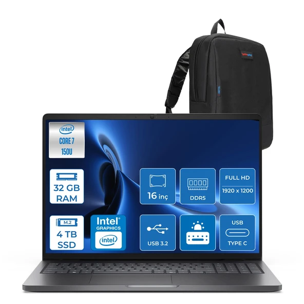 Dell Pro 16 PC16250 Intel Core 7 150U 32GB Ddr5 4tb SSD 16 Fhd+ IPS (1920X1200) 300 Nits Freedos Taşınabilir Bilgisayar. PC16250C7165F10+ZETTAÇANTA ürün görseli 1