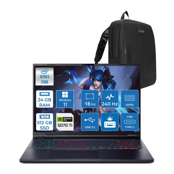 Acer Predator Helios Neo 18 Aı Intel®core™ Ultra 9 275HX 24GB Ddr5 512GB SSD 12GB/RTX5070Tİ 140W 18" 2560 x 1600 Wqxga 240HZ  WIN11HOME Gaming Bilgisayar. NHQVMEY002H02+ZETTAÇANTA ürün görseli 1
