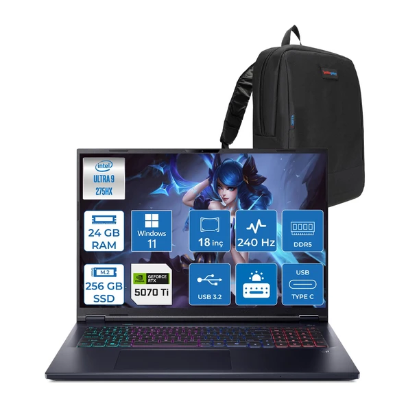 Acer Predator Helios Neo 18 Aı Intel®core™ Ultra 9 275HX 24GB Ddr5 256GB SSD 12GB/RTX5070Tİ 140W 18" 2560 x 1600 Wqxga 240HZ  WIN11HOME Gaming Bilgisayar. NHQVMEY002H01+ZETTAÇANTA ürün görseli 1