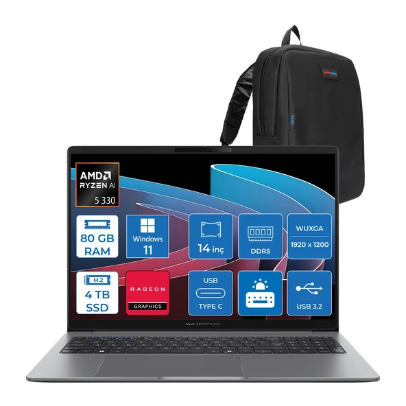 Asus Expertbook P3 PM3406CKA Ryzen Aı 7-350 80GB Ddr5 4tb SSD Radeon 860M 14.0-Inch, Wuxga (1920 x 1200) 300NITS WIN11PRO Taşınabilir Bilgisayar PM3406CKAP25+ZETTAÇANTA ürün görseli 1