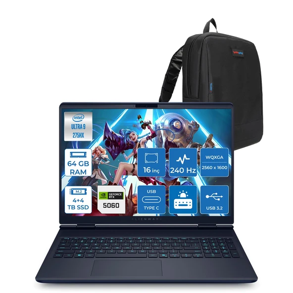 Dell Alienware 16X Aurora AC16251 Ultra 9 275HX Ddr5 64GB 4tb Ssd+4tb SSD 8GB/RTX5060 115W 16INÇ Wqxga 240Hz 500NITS Freedos Gaming Laptop AC162515060F32+ZETTAÇANTA ürün görseli 1