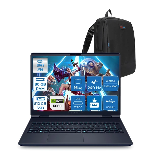 Dell Alienware 16X Aurora AC16251 Ultra 9 275HX Ddr5 80GB 512GB SSD 8GB/RTX5060 115W 16INÇ Wqxga 240Hz 500NITS Freedos Gaming Laptop AC162515060F33+ZETTAÇANTA ürün görseli 1