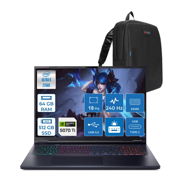Acer Predator Helios Neo 18 Aı Intel®core™ Ultra 9 275HX 64GB Ddr5 512GB SSD 12GB/RTX5070Tİ 140W 18" 2560 x 1600 Wqxga 240HZ  Freedos Gaming Bilgisayar. NHQVMEY002F17+ZETTAÇANTA ürün görseli 1