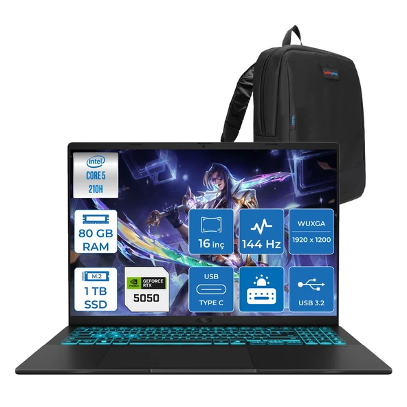 Asus Vivobook 16 V3607VH Intel Core 5 210H 80GB Ddr5 1tb SSD RTX5050 Gddr7 8gb Freedos 16" WUXGA(1920X1200) 144HZ 300NITS Taşınabilir Bilgisayar RP075F33 + Zetta Çanta ürün görseli 1