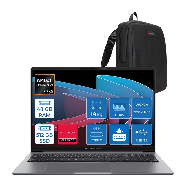 Asus Expertbook P3 PM3406CKA Ryzen Aı 7-350 48GB Ddr5 512GB SSD Radeon 860M 14.0-Inch, Wuxga (1920 x 1200) 300NITS Freedos Taşınabilir Bilgisayar PM3406CKAF12+ZETTAÇANTA ürün görseli 1