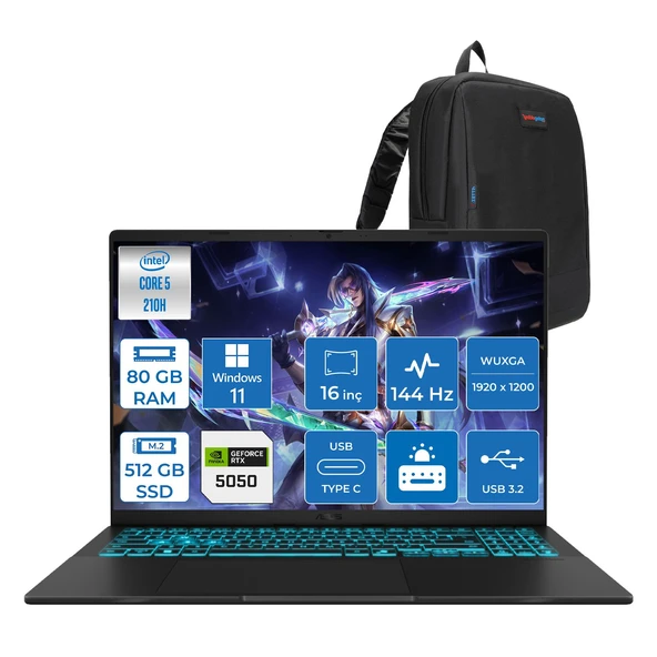 Asus Vivobook 16 V3607VH Intel Core 5 210H 80GB Ddr5 512GB SSD RTX5050 Gddr7 8gb Windows 11 Pro 16" WUXGA(1920X1200) 144HZ 300NITS Taşınabilir Bilgisayar RP075P32 + Zetta Çanta ürün görseli 1