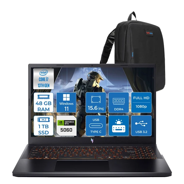 Acer Nitro V15 ANV15 13.nesil Core I7 13620H 48GB 1tb SSD 8GB/RTX5060 75W Gddr7 165Hz IPS Full Hd Freedos Gaming Bilgisayar NHQZAEY001H18+ZETTAÇANTA ürün görseli 1
