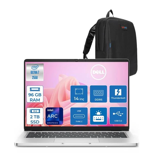 Dell Pro 14 Intel Core 7 255U 96GB Ddr5 2tb SSD Intel Graphics 14" Fhd+ IPS 300NITS Ubuntu Taşınabilir Bilgisayar PC14250BTO107F23 + Zettaçanta ürün görseli 1