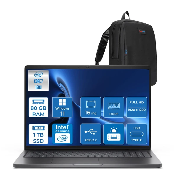 Dell Pro 16 PC16250 Intel Core 7 150U 80GB Ddr5 1tb SSD 16 Fhd+ IPS (1920X1200) 300 Nits WIN11PRO Taşınabilir Bilgisayar. PC16250C7165P23+ZETTAÇANTA ürün görseli 1