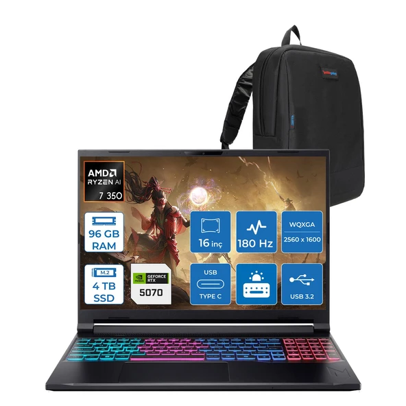 Acer Nitro V 16 ANV16S-61 Amd Ryzen 7 350 96GB Ddr5 4tb SSD 8GB/RTX5070/85W 16" Wqxga (2560 x 1600) IPS 180Hz Windows 11 Pro Taşınabilir Bilgisayar NHQXNEY003P28 + Zettaçanta ürün görseli 1