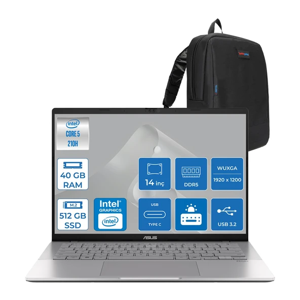 Asus Vivobook S14 Intel Core 5 210H 40GB Ddr5 512GB SSD Intel UHD Graphics 14" Wuxga IPS 60Hz 300NITS Windows 11 Pro Taşınabilir Bilgisayar LY083P09 + Zettaçanta ürün görseli 1