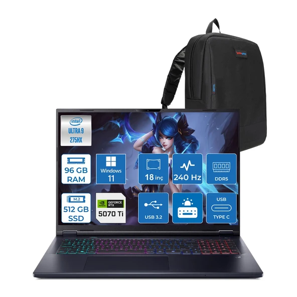 Acer Predator Helios Neo 18 Aı Intel®core™ Ultra 9 275HX 96GB Ddr5 512GB SSD 12GB/RTX5070Tİ 140W 18" 2560 x 1600 Wqxga 240HZ  WIN11PRO Gaming Bilgisayar. NHQVMEY002P27+ZETTAÇANTA ürün görseli 1
