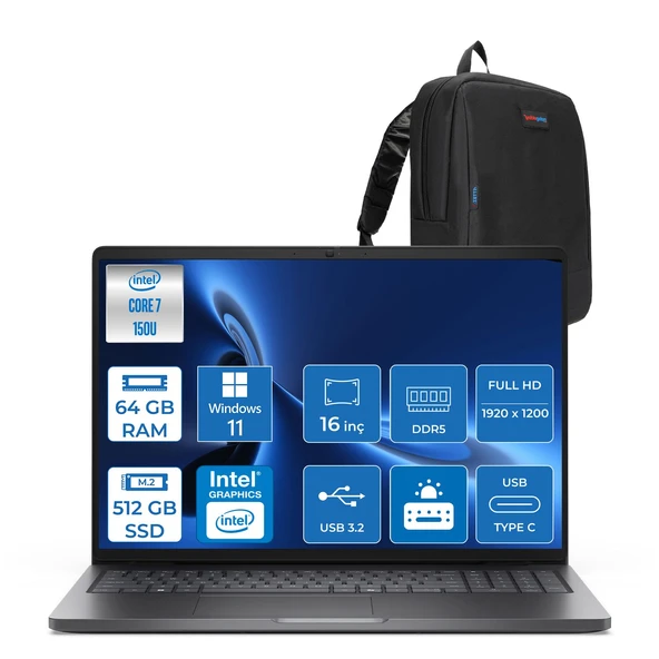 Dell Pro 16 PC16250 Intel Core 7 150U 64GB Ddr5 512GB SSD 16 Fhd+ IPS (1920X1200) 300 Nits WIN11PRO Taşınabilir Bilgisayar. PC16250C7165P17+ZETTAÇANTA ürün görseli 1
