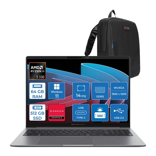 Asus Expertbook P3 PM3406CKA Ryzen Aı 5-330 64GB Ddr5 512GB SSD Radeon 820M 14.0-Inch, Wuxga (1920 x 1200) 300NITS WIN11HOME Taşınabilir Bilgisayar PM3406CKA5H17+ZETTAÇANTA ürün görseli 1