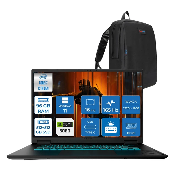 Gıgabyte Gamıng A16CVH Intel® Core™ I7-13620H Ddr5 96GB 512GB SSD+512GB SSD 16INÇ 8GB/RTX5060 IPS Wuxga (1920X1200) 165Hz, 300NITS WINDOWS11PRO Gaming Laptop WA16CVHP42+ZETTAÇANTA ürün görseli 1