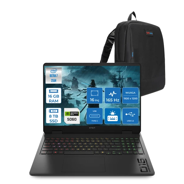 Hp Omen 16-AM0018NT Intel Core Ultra 7 255H 16GB Ddr5 8tb SSD RTX5060 8gb Gddr7 16 Inç Wuxga (1920X1200) 165Hz 400NITS 3ms IPS Freedos Taşınabilir Bilgisayar BQ1Z1EAF06 + Zetta Çanta ürün görseli 1