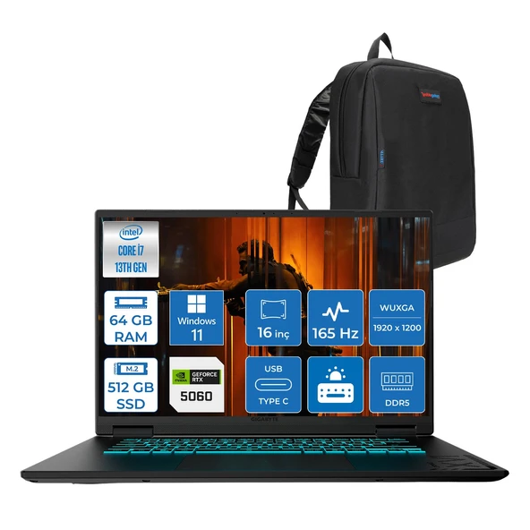 Gıgabyte Gamıng A16CVH Intel® Core™ I7-13620H Ddr5 64GB 512GB SSD 16INÇ 8GB/RTX5060 IPS Wuxga (1920X1200) 165Hz, 300NITS WINDOWS11PRO Gaming Laptop WA16CVHP25+ZETTAÇANTA ürün görseli 1