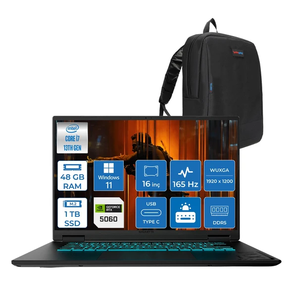 Gıgabyte Gamıng A16CVH Intel® Core™ I7-13620H Ddr5 48GB 1tb SSD 16INÇ 8GB/RTX5060 IPS Wuxga (1920X1200) 165Hz, 300NITS WINDOWS11PRO Gaming Laptop WA16CVHP19+ZETTAÇANTA ürün görseli 1