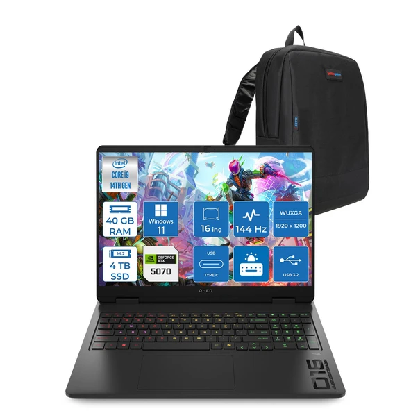 Hp Omen 16-AM0031NT Intel Core I9 14900HX 40GB Ddr5 4tb SSD RTX5070 8gb Gddr7 Windows 11 Home 16 Inç Wuxga (1920X1200) 144Hz 300NITS IPS Taşınabilir Bilgisayar C39J4EAH22 + Zetta Çanta ürün görseli 1