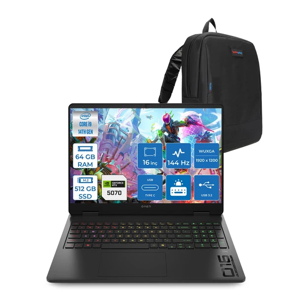 Hp Omen 16-AM0031NT Intel Core I9 14900HX 64GB Ddr5 512GB SSD RTX5070 8gb Gddr7 Freedos 16 Inç Wuxga (1920X1200) 144Hz 300NITS IPS Taşınabilir Bilgisayar C39J4EAF31 + Zetta Çanta ürün görseli 1