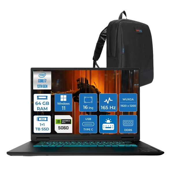 Gıgabyte Gamıng A16CVH Intel® Core™ I7-13620H Ddr5 64GB 1tb Ssd+1tbssd 16INÇ 8GB/RTX5060 IPS Wuxga (1920X1200) 165Hz, 300NITS WINDOWS11PRO Gaming Laptop WA16CVHP28+ZETTAÇANTA ürün görseli 1