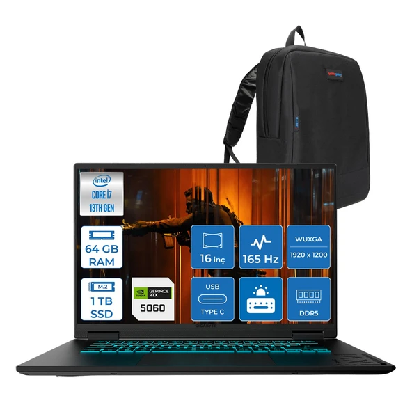 Gıgabyte Gamıng A16CVH Intel® Core™ I7-13620H Ddr5 64GB 1tb SSD 16INÇ 8GB/RTX5060 IPS Wuxga (1920X1200) 165Hz, 300NITS Freedos Gaming Laptop WA16CVHF27+ZETTAÇANTA ürün görseli 1