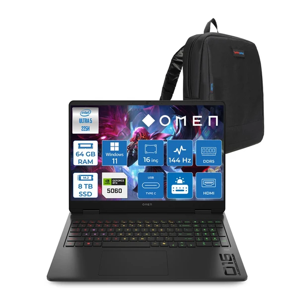 Hp Omen 16-AM0037NT Intel Core Ultra 5 225H 64GB Ddr5 8tb SSD RTX5060 8gb Gddr7 Windows 11 Pro 16 Inç Wuxga (1920X1200) 144Hz 300NITS IPS Taşınabilir Bilgisayar C39JBEAP36 + Zetta Çanta ürün görseli 1