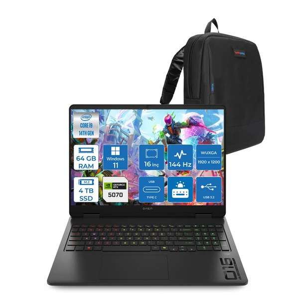 Hp Omen 16-AM0031NT Intel Core I9 14900HX 64GB Ddr5 4tb SSD RTX5070 8gb Gddr7 Windows 11 Pro 16 Inç Wuxga (1920X1200) 144Hz 300NITS IPS Taşınabilir Bilgisayar C39J4EAP34 + Zetta Çanta ürün görseli 1