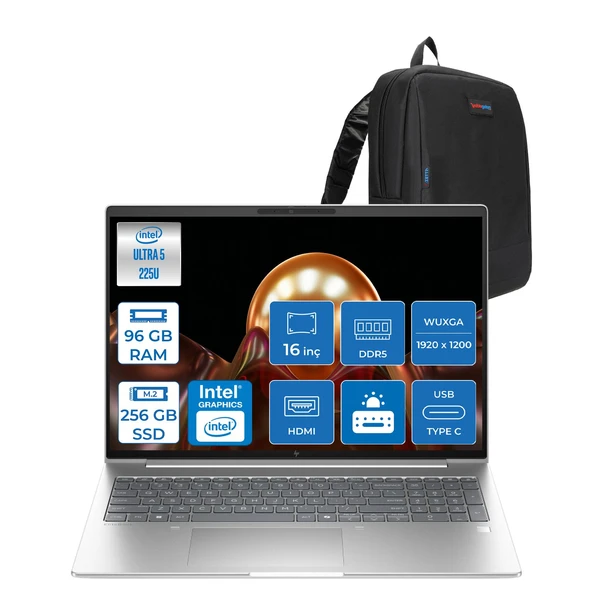Hp Elitebook 6 G1I Intel® Core Ultra 5 225U 96GB Ddr5 256GB SSD 16" Wuxga (1920X1200) IPS 300NIT Freedos Taşınabilir Bilgisayar AD4G3ETF26+ZETTAÇANTA ürün görseli 1