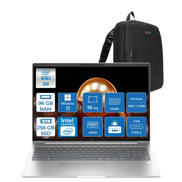 Hp Elitebook 6 G1I Intel® Core Ultra 5 225U 96GB Ddr5 256GB SSD 16" Wuxga (1920X1200) IPS 300NIT WIN11PRO Taşınabilir Bilgisayar AD4G3ETP26+ZETTAÇANTA ürün görseli 1