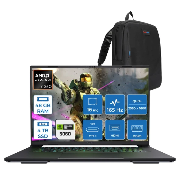 Gıgabyte Aero X16 Amd Ryzen Aı Ryzen7 350 48GB Ddr5 4tb SSD 8GB/RTX5060 16" IPS Wqxga 165Hz Windows 11 Home Taşınabilir Bilgisayar 1VH93TRC94DHH20 + Zettaçanta ürün görseli 1