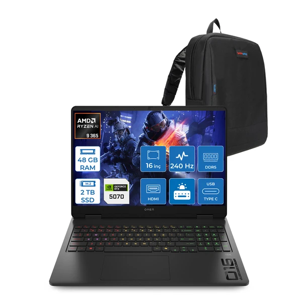 Hp Omen 16-AP0012NT Amd Ryzen Aı 9 365 48GB Ddr5 2tb SSD RTX5070 8gb Gddr7 16 Inç Wqxga (2560 x 1600) 240Hz 500NITS 3ms IPS Freedos Taşınabilir Bilgisayar C12CGEAF27 + Zetta Çanta ürün görseli 1