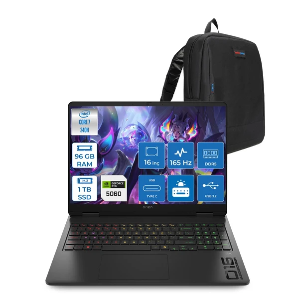 Hp Omen W16-AM0017NT Intel Core 7 240H 96GB Ddr5 1tb SSD Freedos RTX5060 8gb Gddr7 16 Inc Wuxga (1920 x 1200) IPS 165HZ 3ms 400NITS 100% Srgb Gaming Laptop WBQ1Z0EAF52 + Zetta Çanta ürün görseli 1