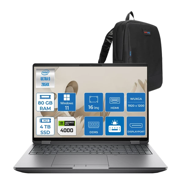 Hp Zbook Fury G1I Intel Core Ultra 9 285HX 80GB Ddr5 4tb SSD 16GB/RTXPRO4000 Blackwell 16" Wuxga IPS 400NIT Windows 11 Pro Taşınabilir Bilgisayar C65G3ESP24 + Zettaçanta ürün görseli 1