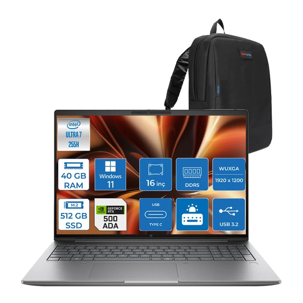 Hp Zbook Power Zx 16 G1I Intel Ultra 7 255H 40GB Ddr5 512GB SSD 6GB/RTXPRO500 16" Wuxga IPS Windows 11 Pro Taşınabilir Bilgisayar B30HMESP13 + Zettaçanta ürün görseli 1