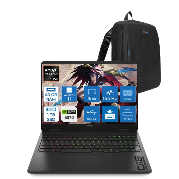 Hp Omen 16-AP0006NT Amd Ryzen Aı 7 350 40GB Ddr5 1tb SSD RTX5070 8gb Gddr7 16 Inç Wuxga (1920 x 1200) 144HZ 300NİTS IPS Windows 11 Home Taşınabilir Bilgisayar C52R1EAH20 + Zetta Çanta ürün görseli 1