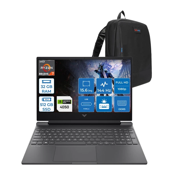 Hp Victus 15-FB3706NT Amd Ryzen 7 8845HS 32GB Ddr5 512GB SSD 6GB/RTX4050/75W 15.6" Fhd IPS 144Hz Windows 11 Pro Taşınabilir Bilgisayar B9KM3EAP09 + Zettaçanta ürün görseli 1