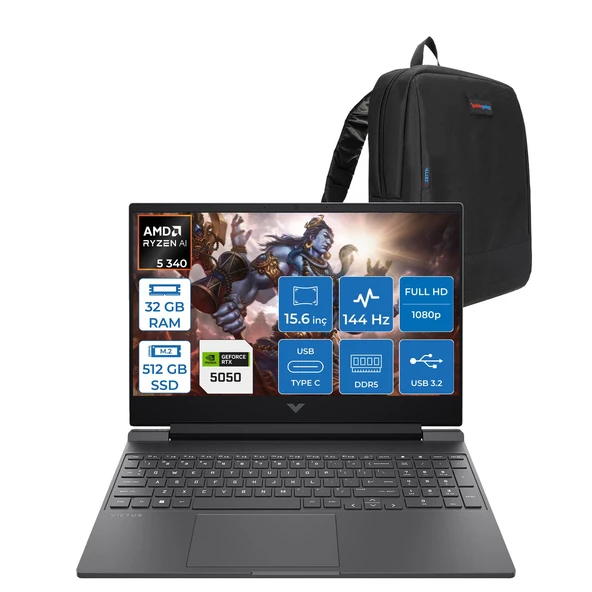 Hp Victus 15-WFB3036NT Amd Ryzen 5 Aı 340 32GB Ddr5 512GB SSD Freedos Nvidia Geforce 8gb RTX5050 15.6 Inç Fullhd (1920X1080) IPS 144HZ Taşınabilir Bilgisayar CA8E7EAF12 + Zetta Çanta ürün görseli 1
