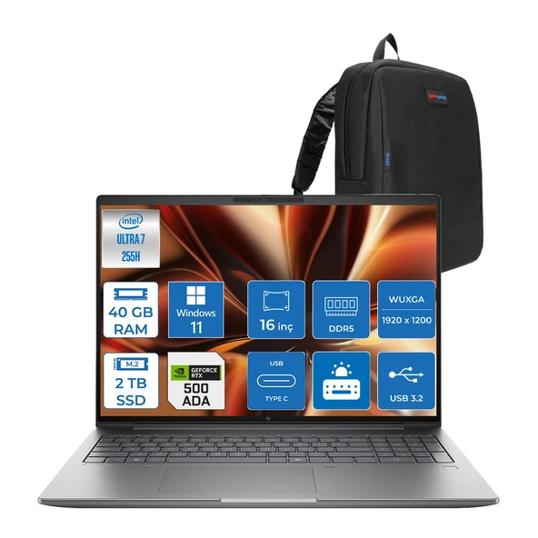 Hp Zbook Power Zx 16 G1I Intel Ultra 7 255H 40GB Ddr5 2tb SSD 6GB/RTXPRO500 16" Wuxga IPS Windows 11 Pro Taşınabilir Bilgisayar B30HMESP15 + Zettaçanta ürün görseli 1