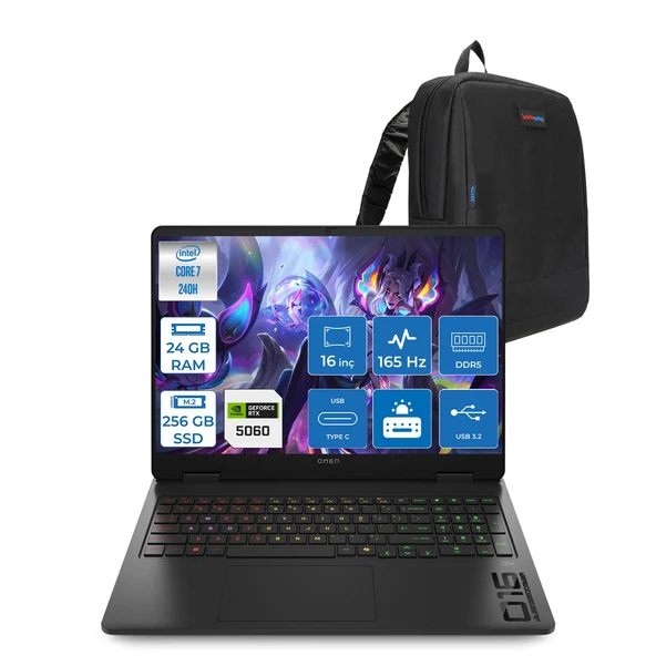 Hp Omen W16-AM0017NT Intel Core 7 240H 24GB Ddr5 256GB SSD Freedos RTX5060 8gb Gddr7 16 Inc Wuxga (1920 x 1200) IPS 165HZ 3ms 400NITS 100% Srgb Gaming Laptop WBQ1Z0EAF08 + Zetta Çanta ürün görseli 1