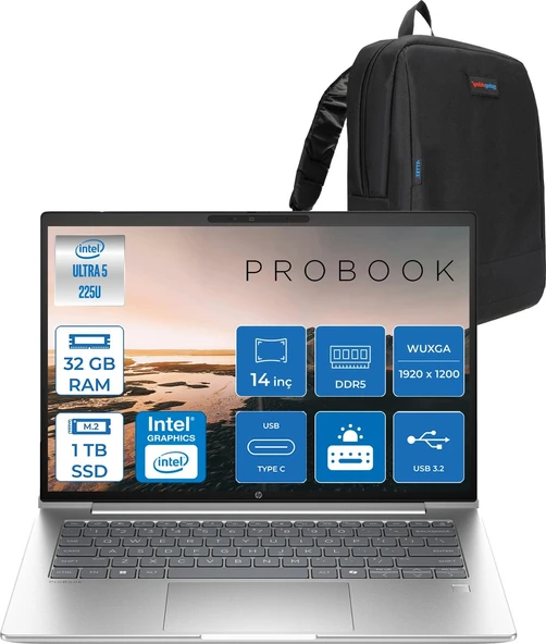 Hp Probook 4 G1I Aı Intel Core Ultra 5 225U 32GB Ddr5 1tb SSD Freedos Intel® Aı Boost 14" WUXGA(1920X1200) IPS 300NITS Taşınabilir Bilgisayar C9FH0ETF13 + Zetta Çanta ürün görseli 1