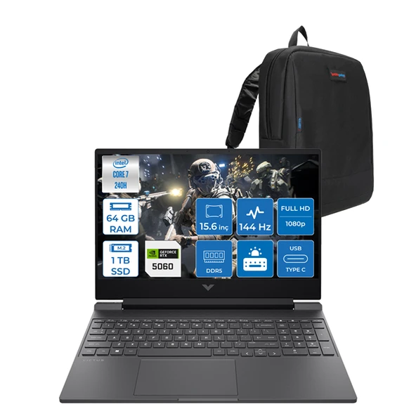 Hp Victus Intel Core I7 240H 64GB Ddr5 1tb SSD 8GB/RTX5060 15.6" Fhd 144Hz IPS 62.5% Srgb Freedos Taşınabilir Bilgisayar BV7W9EAF22 + Zettaçanta ürün görseli 1