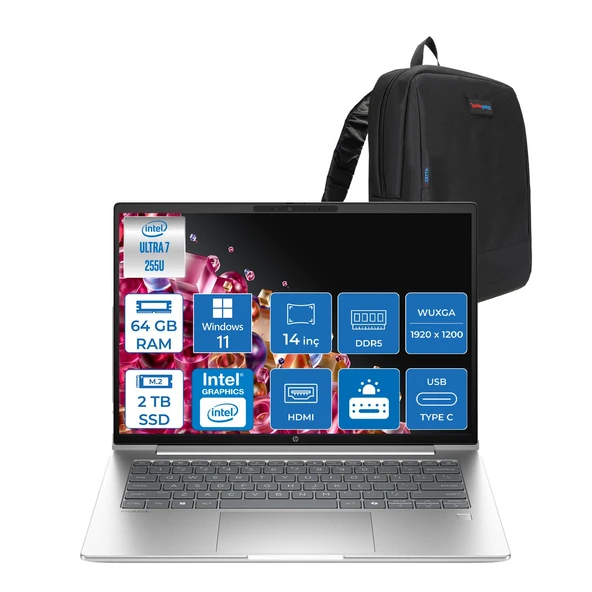 Hp Probook 4 G1I Intel® Core Ultra 7 255U 64GB Ddr5 2tb SSD 14" Wuxga (1920 x 1200), IPS 300 Nits  WIN11HOME Taşınabilir Bilgisayar C9FH1ETH19+ZETTAÇANTA ürün görseli 1