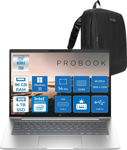 Hp Probook 4 G1I Aı Intel Core Ultra 5 225U 96GB Ddr5 4tb SSD Windows 11 Home Intel® Aı Boost 14" WUXGA(1920X1200) IPS 300NITS Taşınabilir Bilgisayar C9FH0ETH40 + Zetta Çanta ürün görseli 1