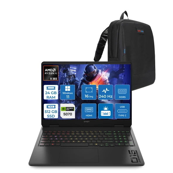 Hp Omen 16-AP0012NT Amd Ryzen Aı 9 365 24GB Ddr5 512GB SSD RTX5070 8gb Gddr7 16 Inç Wqxga (2560 x 1600) 240Hz 500NITS 3ms IPS Windows 11 Home Taşınabilir Bilgisayar C12CGEAH07 + Zetta Çanta ürün görseli 1