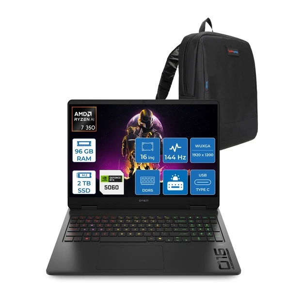 Hp Omen Amd Ryzen Aı 7 350 96GB Ddr5 2tb SSD 8GB/RTX5060 16" Wuxga 144Hz IPS 300NIT Freedos Taşınabilir Bilgisayar 16AP0010NTF31 + Zettaçanta ürün görseli 1