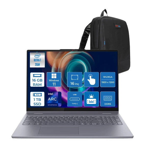 Lenovo Ideapad 5 2-In-1 16AIL10 Intel Core Ultra 7 255H Aı 16GB 1tb SSD 16" Wuxga  IPS 300NITS Intel® Arc™ 140T WIN11HOME Dokunmatik +Digital Pen2 Taşınabilir Bil 83KS002ATRH03+ZETTAÇANTA ürün görseli 1