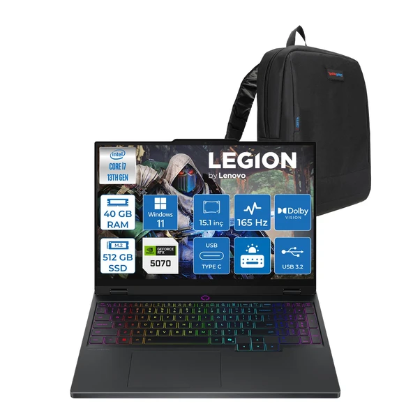 Lenovo Legion 5 15IRX10 Intel Core I7 13650HX 40GB Ddr5 512GB SSD RTX5070 8gb Gddr7 115W Windows 11 Pro 15.1" Wqxga (2560X1600) OLED 1000NITS 165Hz Taşınabilir Bilgisayar W83LY00CJTRP19 + Zetta Çanta ürün görseli 1