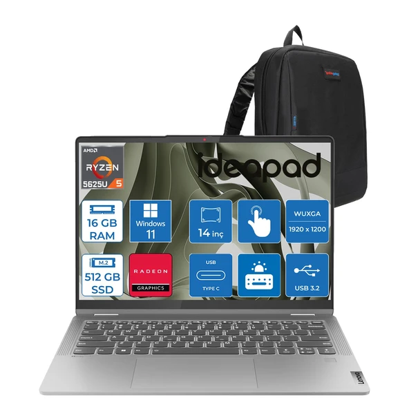 Lenovo Ideapad Flex5 14ABR8 Amd Ryzen 5 5625U  16GB 512GB SSD 14" Wuxga (1920X1200) IPS 300NITS WIN11PRO Dokunmatik +Lenovo® Digital Pen Taşınabilir Bilgisayar 82XX00JTTXP02+ZETTAÇANTA ürün görseli 1