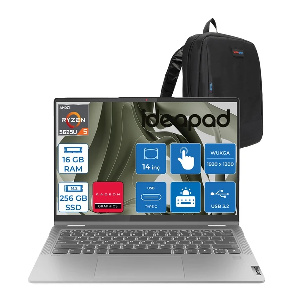Lenovo Ideapad Flex5 14ABR8 Amd Ryzen 5 5625U  16GB 256GB SSD 14" Wuxga (1920X1200) IPS 300NITS Freedos Dokunmatik +Lenovo® Digital Pen Taşınabilir Bilgisayar 82XX00JTTXF01+ZETTAÇANTA ürün görseli 1